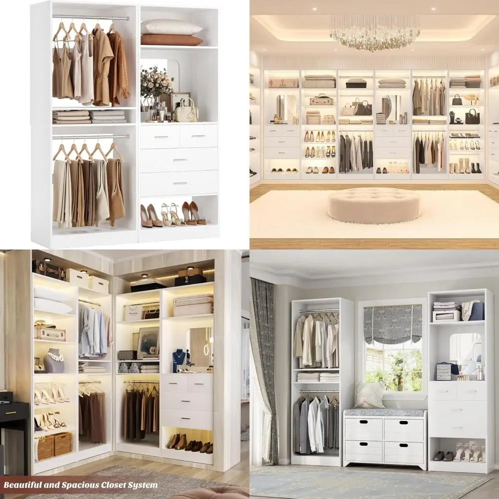 50” closet system with 4 drawers, 4.2ft wood closet organizer with hanging rods and mirror, reversible small walk in closet war