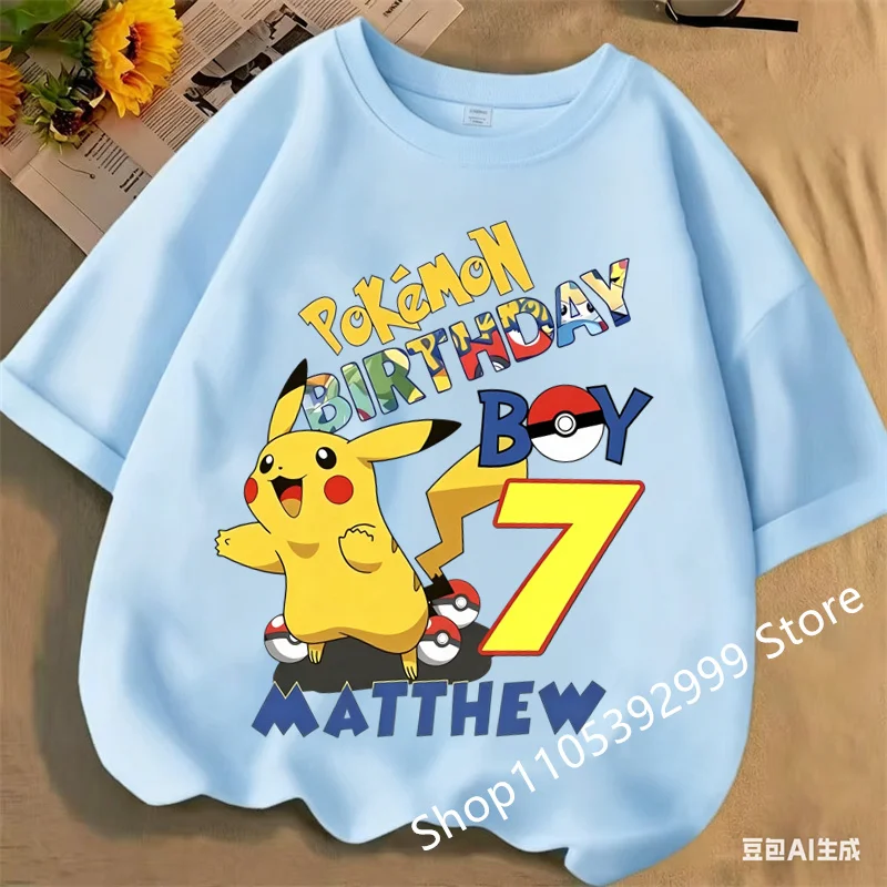 Pikachu Kids Children T Shirts Birthday Number Printed T Shirt Boys Girls Summer Polyester Short Sleeves Tops Children Clothing
