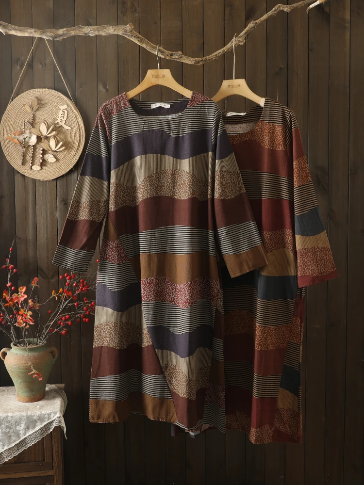 

Ранняя осень в стиле ретро, хлопково-льняная длинная юбка в полоску с волнистыми полосками, большие размеры, женская длинная юбка с принтом Ele Ne Long Sve