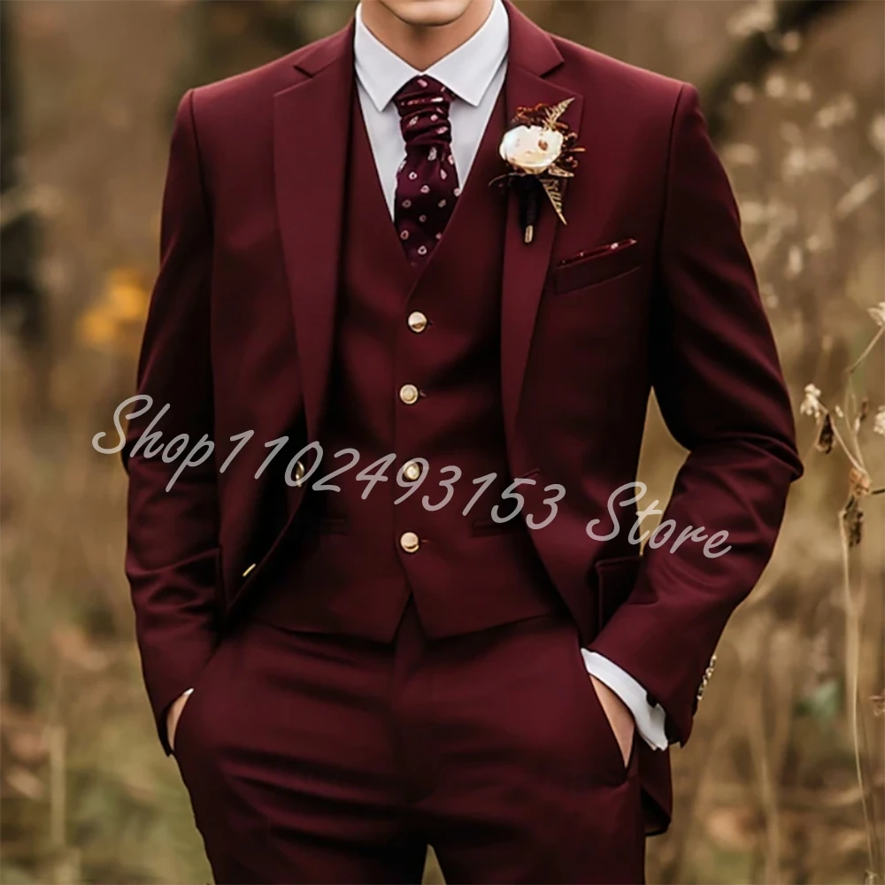 

Burgundy Suits for Men 3 Piece Set Jacket Pants Vest Notched Lapel Formal Best Men Wedding Groom Tuexdo Costume Homme Mariage