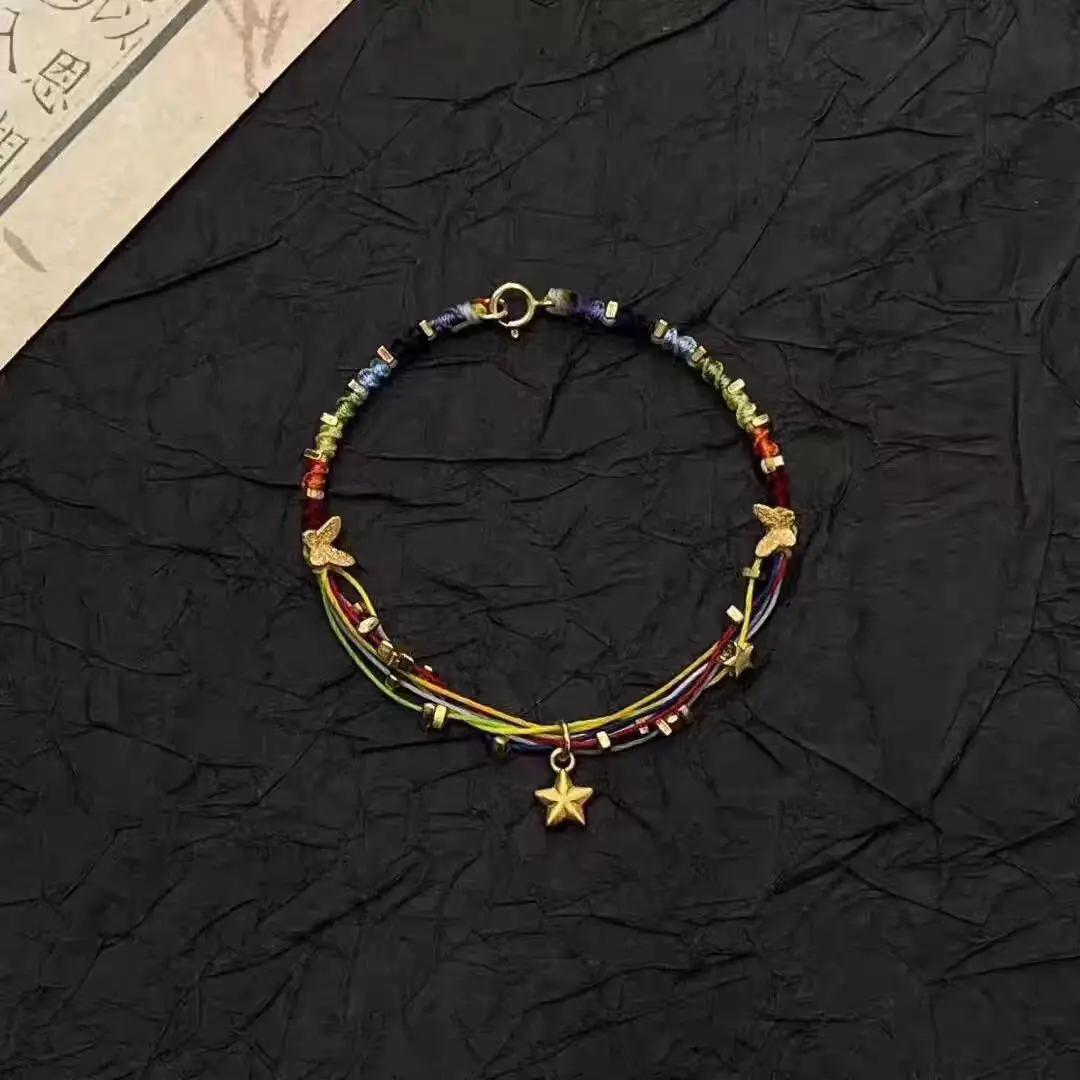 

Радужный карноно, новый китайский стиль, Радужный маленький звездный браслет из веревки, дофамин, красочная ручная веревка, модный браслет для женских подарков