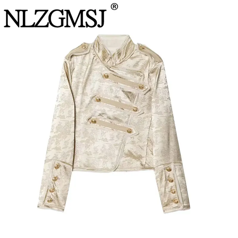

Nlzgmsj 2026 Spring Trendy Satin Knot Buttons Jackets Women's O-Neck Jackets Fashion High Street Mujer Jacket
