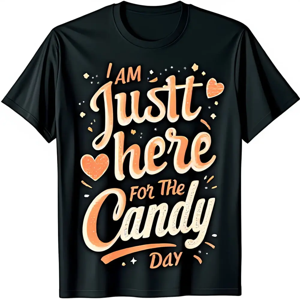 

Black Halloween T-Shirt I Am Just Here For The Candy Day with Glitter Hearts