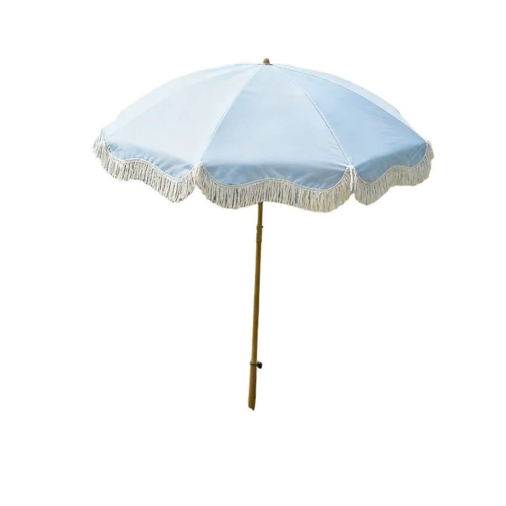 Light Blue Fringe Patio Parasol Outdoor Garden Sun Shade Umbrella For Beach Camping Backyard Cafe Decor