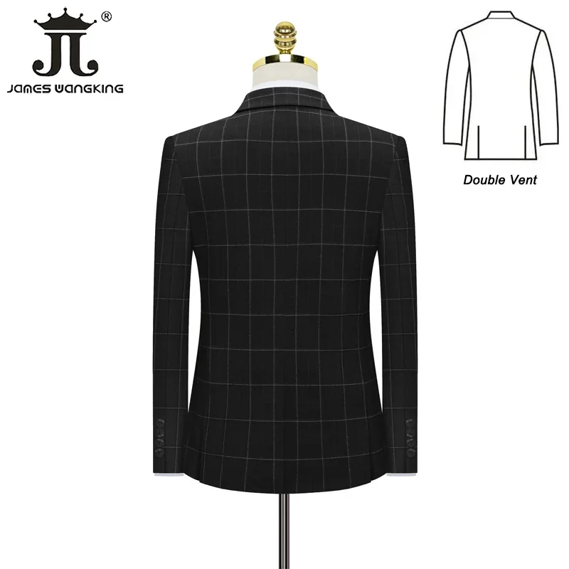 ( Blazer + Vest + Pants )  Brand Business Plaid Mens Formal Suit 3pce Set Groom Wedding Dress Double Breasted Slim Business Suit