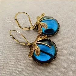 Orecchini Vintage in metallo libellula Inky Blue Moonstone ottone vetro Cabochon Vintage vittoriano regali per le donne