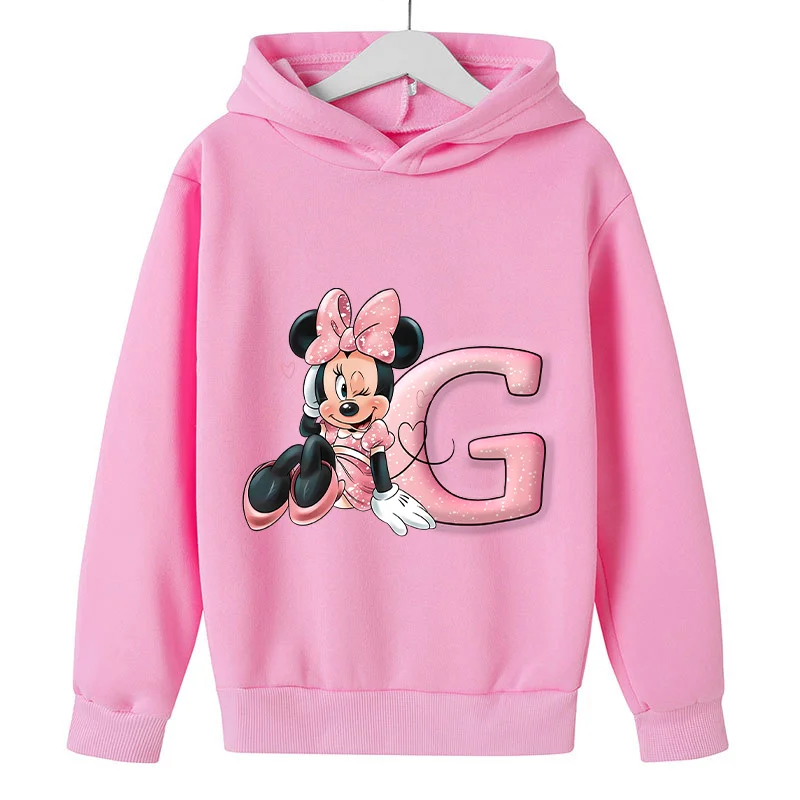 Minnie Mouse Letter A-Z Hoodies Disney Spring Autumn Girl Sweatshirt Anime Kawaii Y2k Pullover Top Clothing Kids Clothes Gift