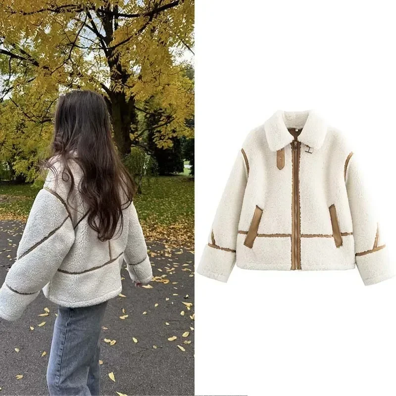

TRAFZR Lady Jackets Autumn New Products Beige Fleece Jacket Elegant and Pretty Women's Coats American Vintage Urban Coats