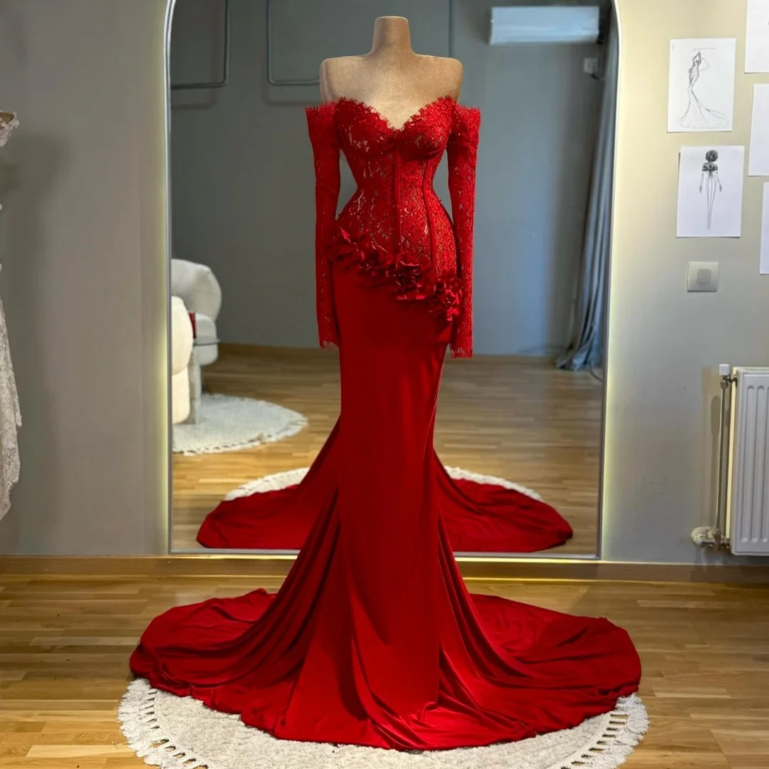 Robe de soirée sirène rouge en dentelle, manches longues, robe de soirée de mariage, fleurs personnalisées, Corset, robe de bal élégante et formelle