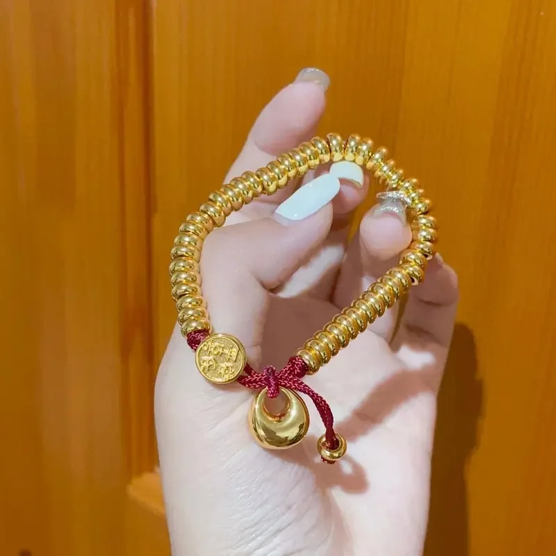 Women's 24K Gold Abacus Bead Red Rope Bracelet, AU999 | Ripple-texture beads with 