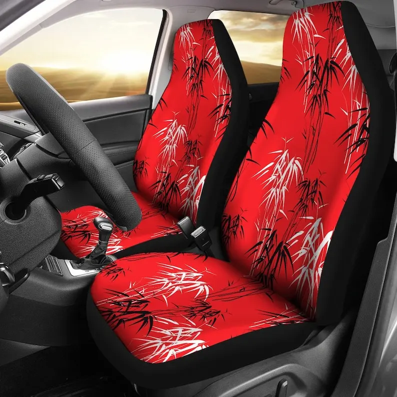 Red Oriental Leaves Floral Flowers Car Seat Covers Pair, 2 Front Seat Covers, Car Seat Protector, Car Accessories