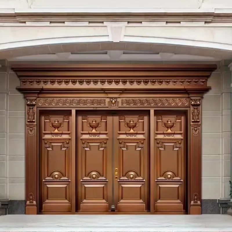 European Classical Pure Copper Four-leaf Entry Door Villa Relief Carving Exterior Front Security Door Custom OEM