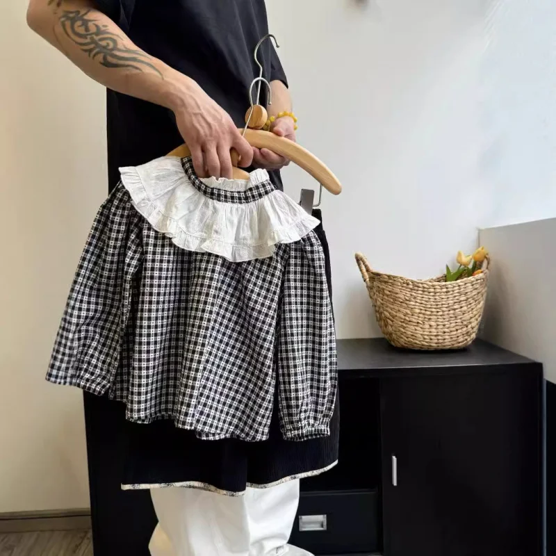 

2025Autumn Mori Girl Children's Doll Collar Plaid Shirt Straight Black Trendy Pants Girls' Stylish Doll Shirt