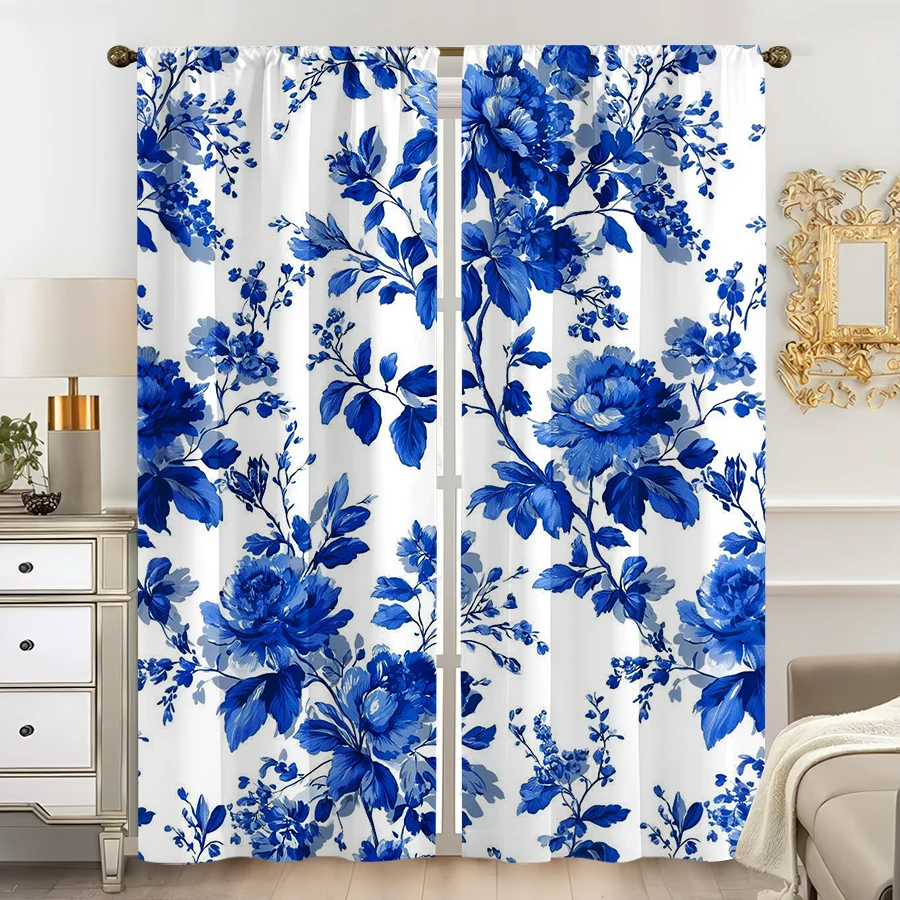2PCS Multicolor Blue and White Porcelain Floral Pattern Curtains Rod Pocket Design For Bedroom And Living Room