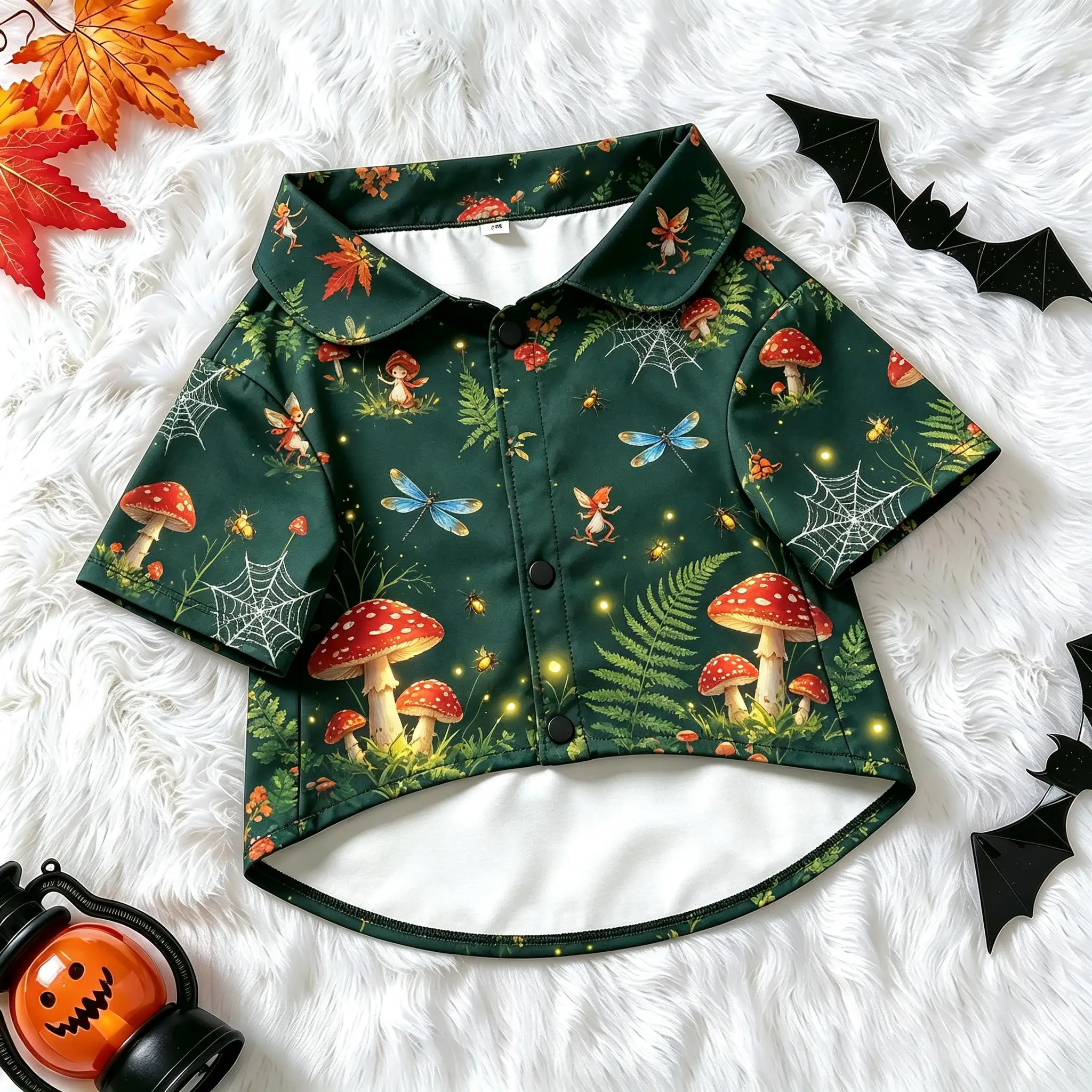 Pet Dog Shirt Green Mushroom Fairy Dragonfly Forest Print Breathable Button Up for Small Medium Dogs Woodland Theme Daily Wear