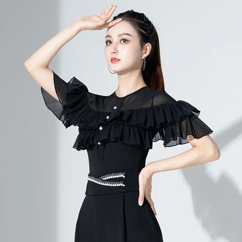 Mesh Patchwork Latin Dance Practice Suit Ballroom Belly Costume Middle Sleeves Top Women\'s Dance Suit Top Evening Dresses Shirt