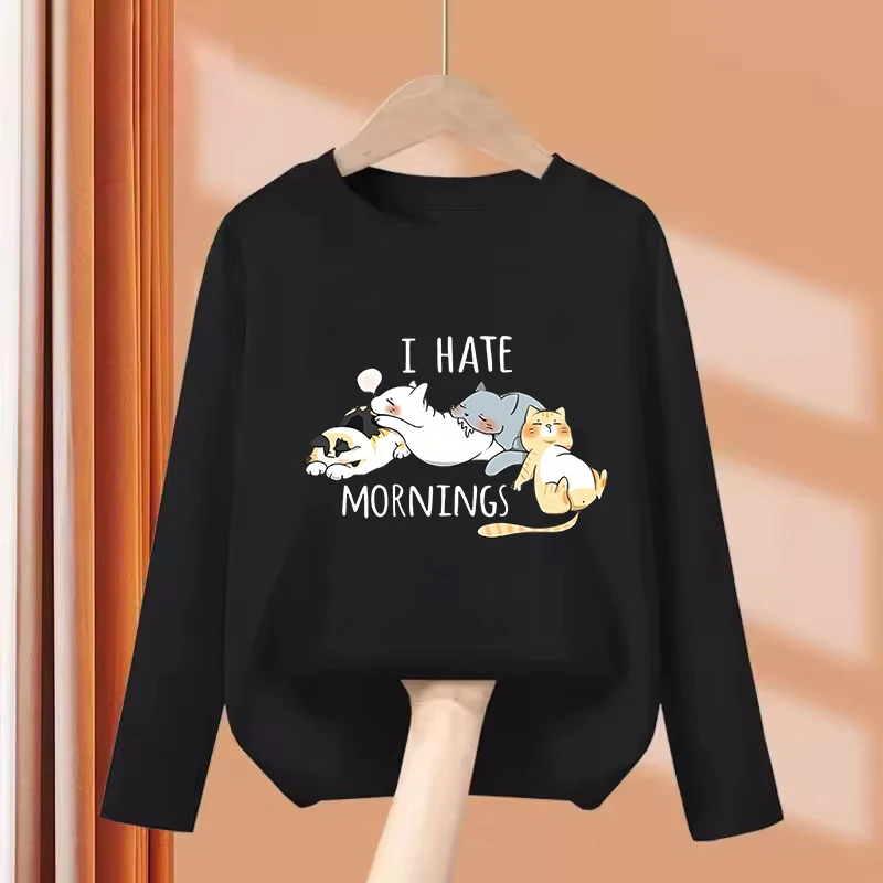 Long Sleeve Summer Spring Kids I Hate Morning Cat Printed T Shirts Kids Children's T-shirt Boys Girls Casual Top Tee