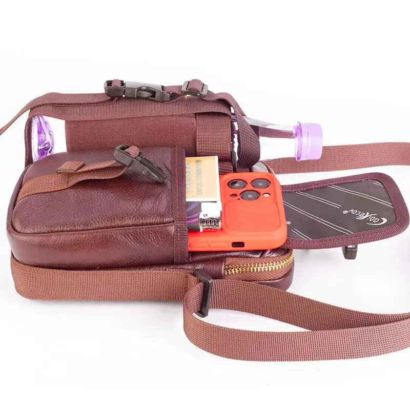 Cow Leather Men Shoulder Crossbody Travel Sling Bag with Water Bottle Holder Multifunctional Casual Portable Messenger Bag