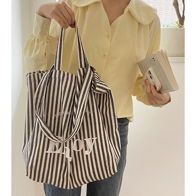 Youda Ladies New Style Canvas Shoulder Bag for Women Simple Stripe Handbag Large Casual Capacity Shopper Tote Bags