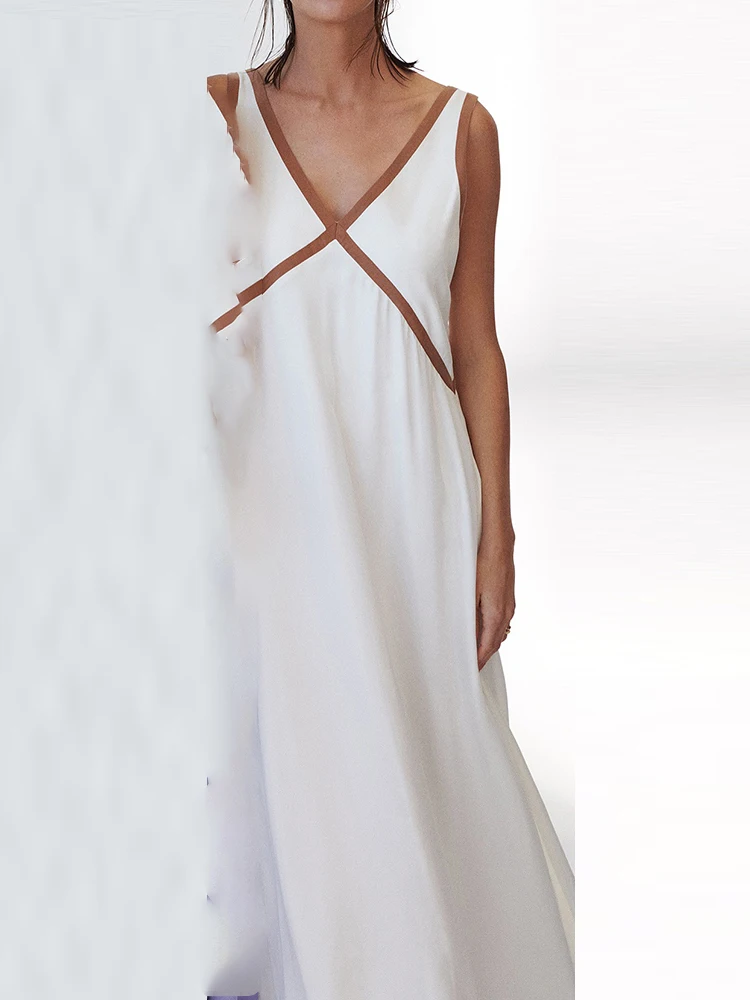 فستان أنيق للسيدات بخصر عالٍ على شكل حرف a موضة اللون منعت على شكل حرف v بدون ظهر فستان صيفي جديد جديد بدون أكمام فستان فضفاض