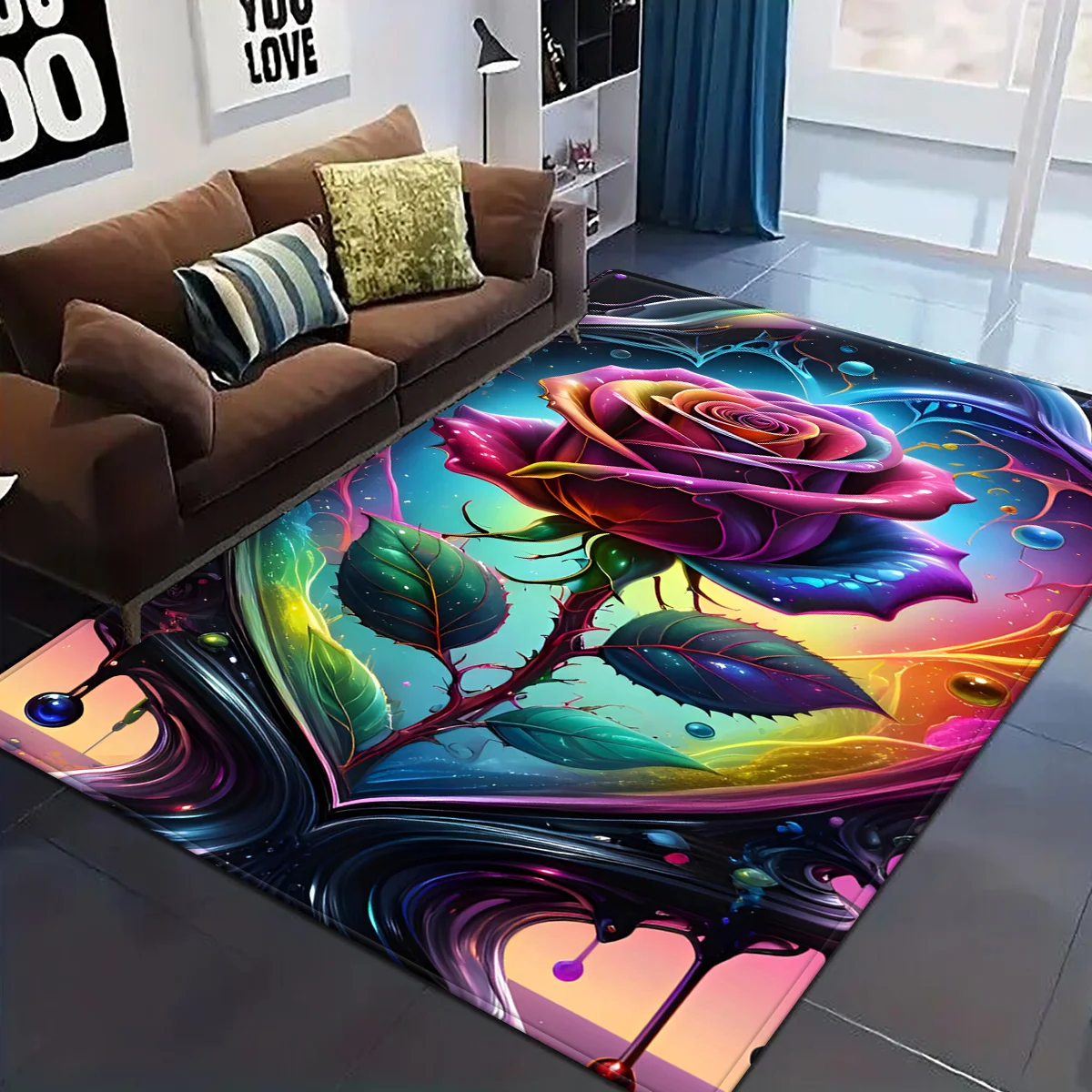 Exotic Colorful Flowing Rose Area Rug, Non-Slip Soft Square Floor Mat for Living Room Bedroom, Modern Artistic Home Decor