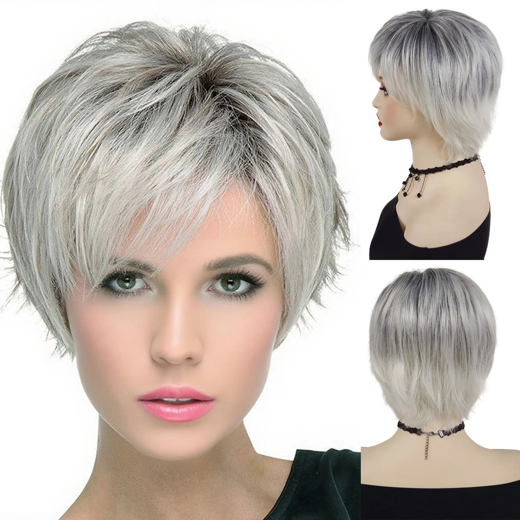 الاصطناعية أومبير رمادي الباروكات للنساء قصات الشعر القصير بوب شعر مستعار مع الانفجارات الجانبية الاستخدام اليومي تسريحات الشعر الطبيعية المسنين شعر مستعار للأم #1