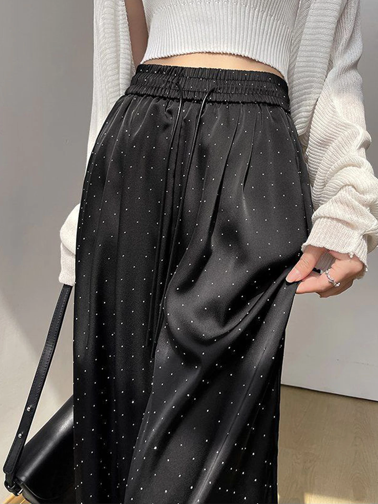 Slimming Lightweight Breathable Satin Wide Leg Casual Pants Women's Spring Summer Glitter Polyester Fiber High Waist Trousers