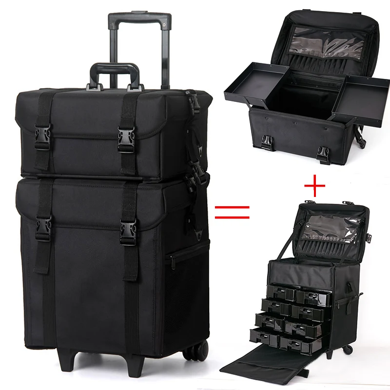 

Cosmetic trolley box pull rod Oxford trolley luggage+suitcase travel multi-layer beauty salon makeup large with makeup box