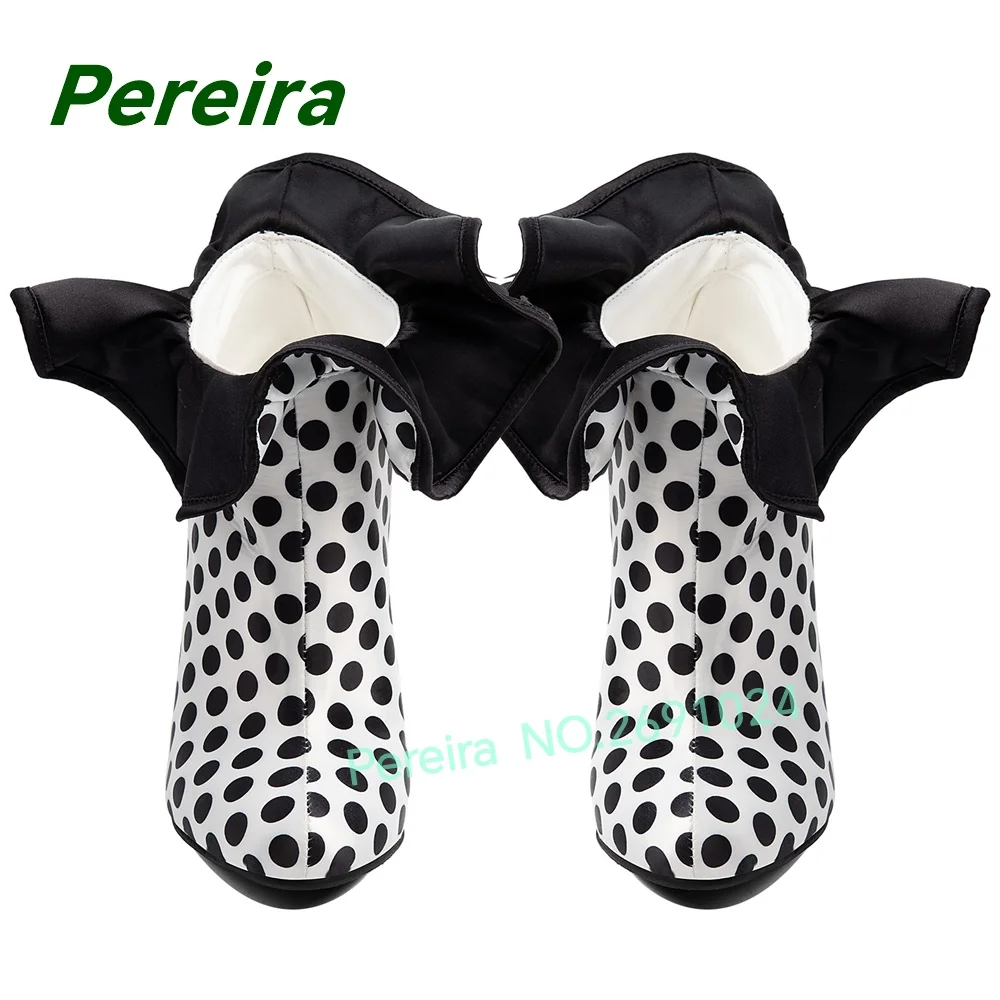 Women Polka Dot Ankle Boots Ruffle Stiletto High Heel Booties Round Toe Black White Satin Patchwork Runway Shoes Luxury 2027