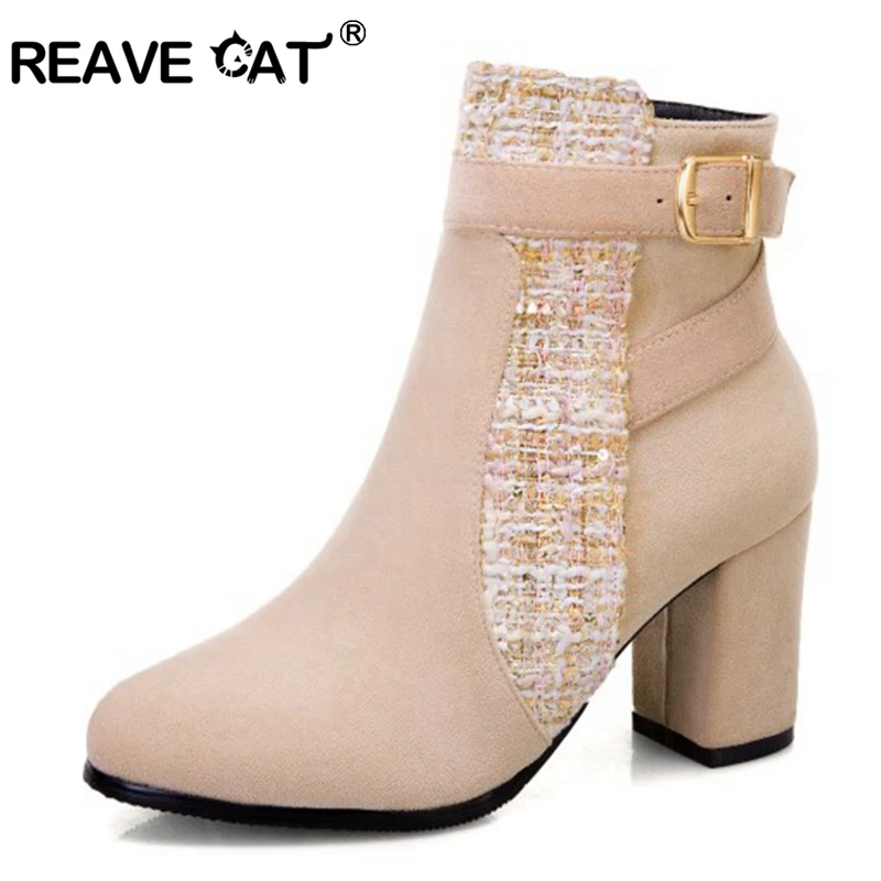 REAVE CAT Women's high boots Ankle boots Flock Buckle Female mujer Round toe Color texture S2402