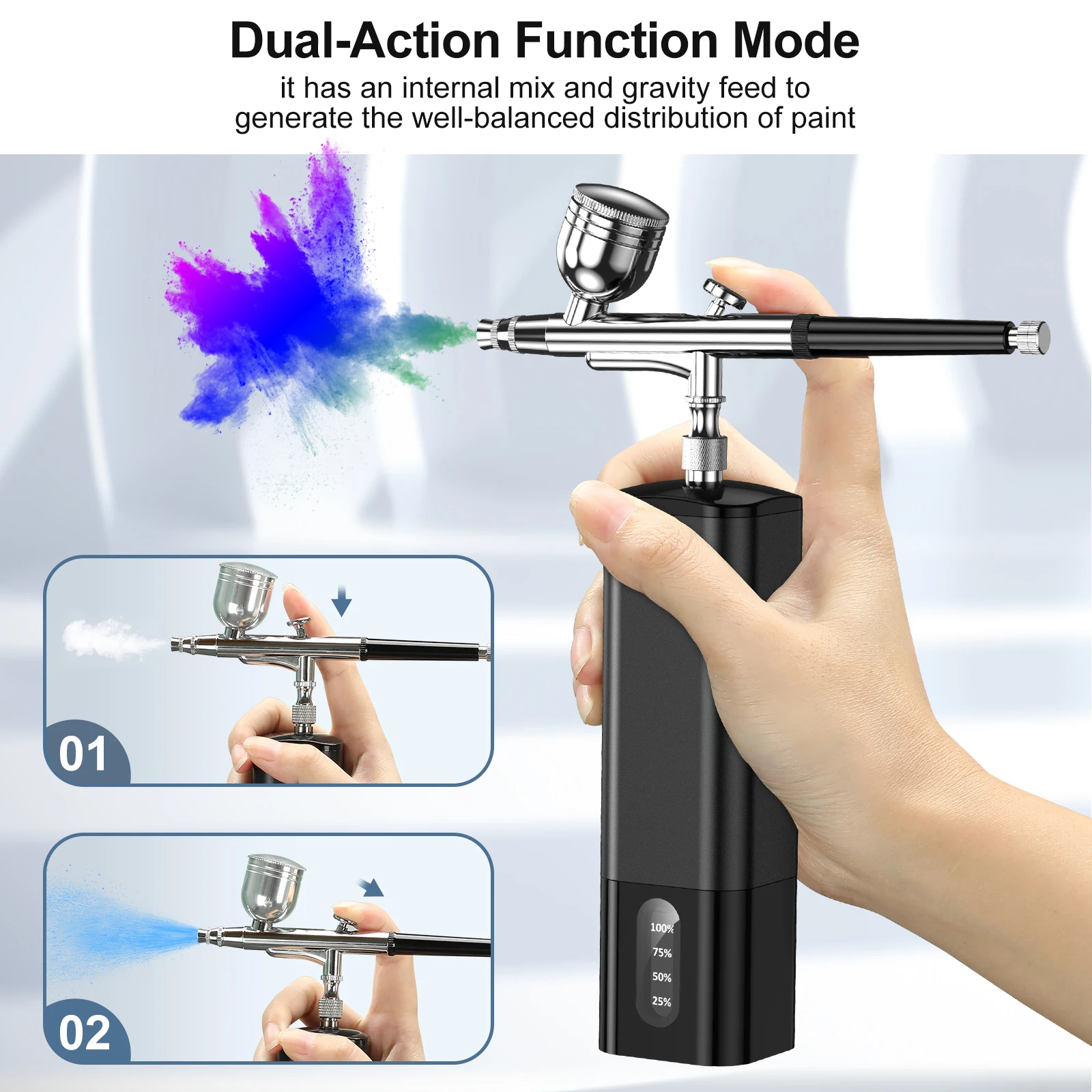 Portable Airbrush Kit with Dual-Action Airbrush Gun Mini USB Rechargeable Air Compressor 6 CC Cup 0.3mm Needle Low Noise for