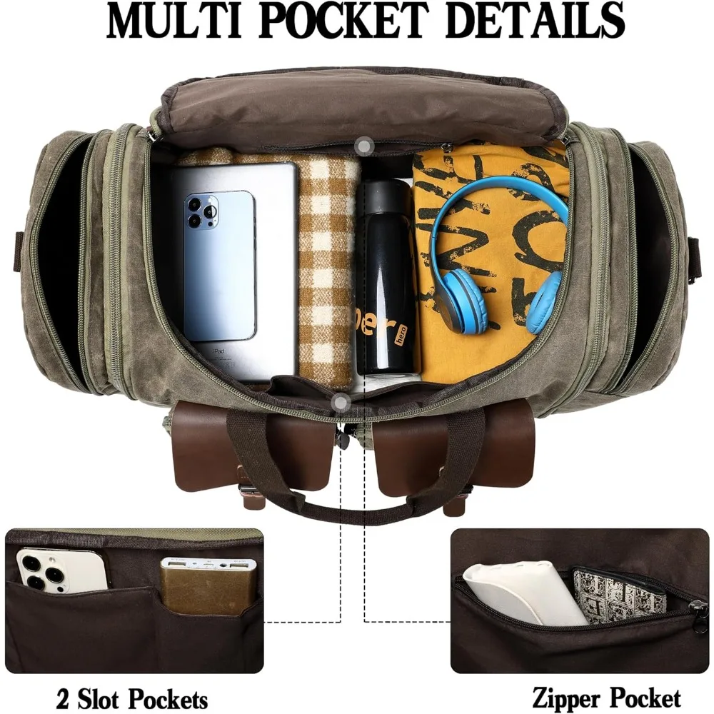 حقيبة سفر للرجال قابلة للتوسيع سعة 60 لترًا من القماش الخشن مع جلد طبيعي - حقيبة أمتعة لحمل عطلة نهاية الأسبوع لرحلات عطلة نهاية الأسبوع #5