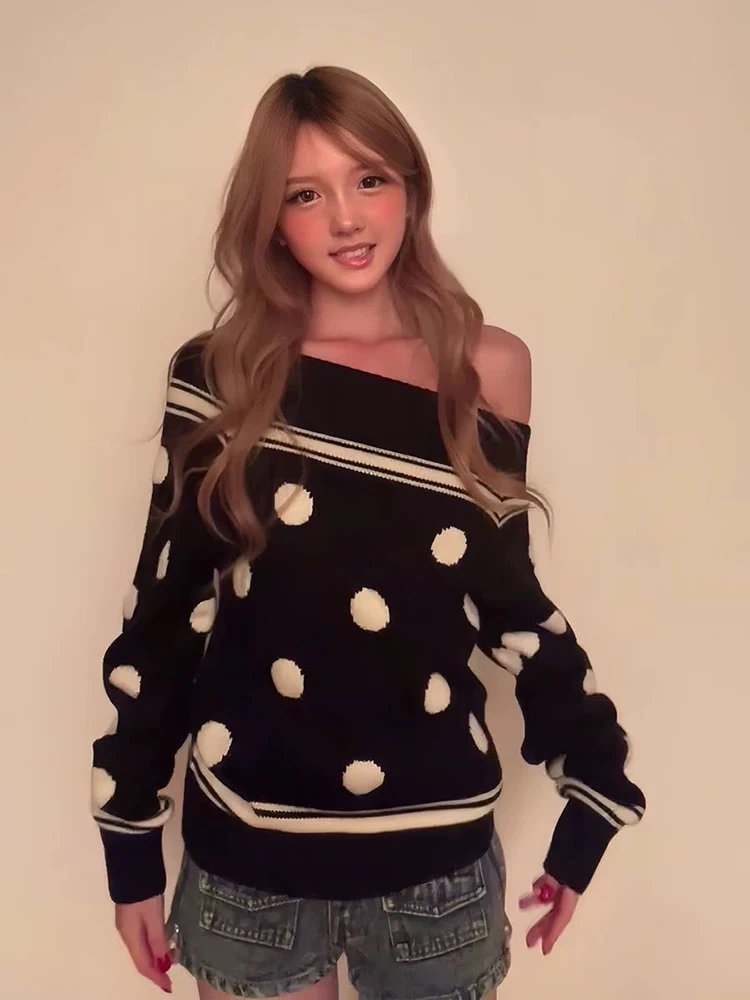 الحلو Preppy متماسكة سترة المرأة منقطة مائل الرقبة خمر البلوفرات غير رسمية فضفاضة قبالة الكتف كسول الرياح Harajuku جديد لاعبا #3