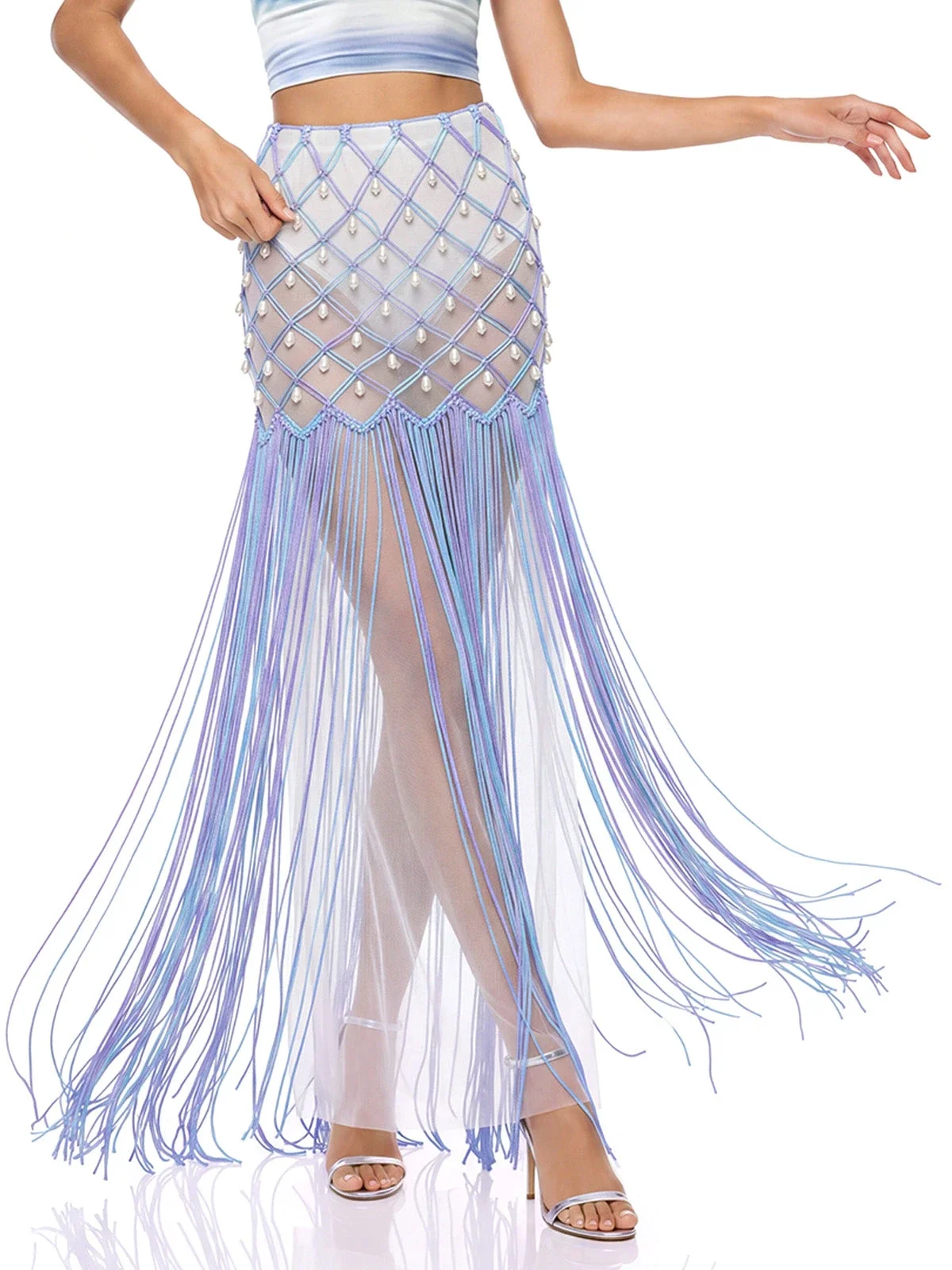 Luxurious Pearl Beaded Fringe Maxi Skirt Elegant Sheer Mesh Beach Cover Up Dress Fashionable Boho Tassel Party Gown