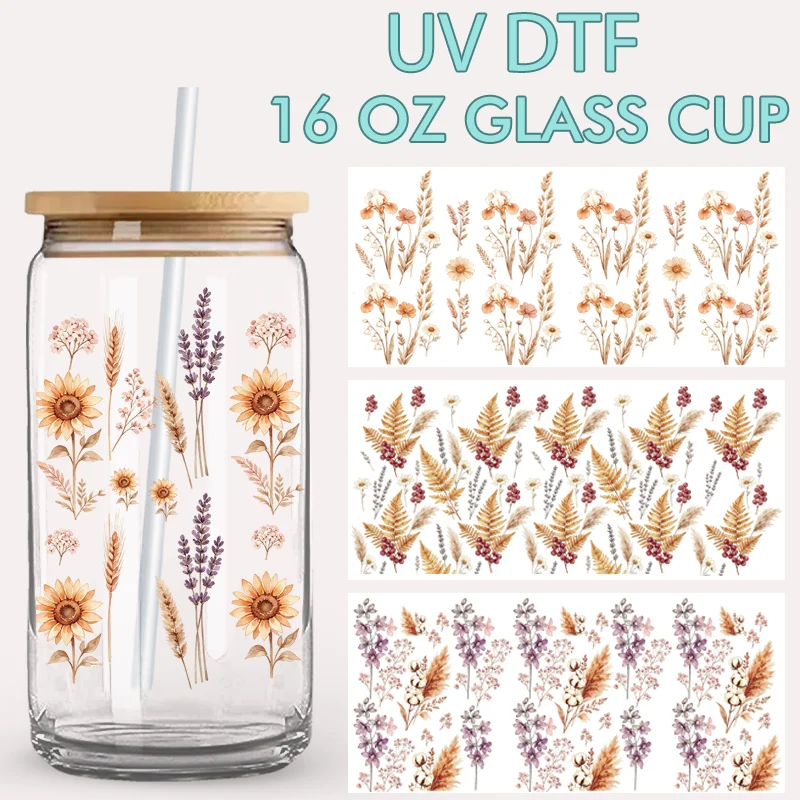 Boho Dried Flower UV DTF Cup Wraps 16oz Libbey Glass Cup Sunflower Lavender Wheat Waterproof Transfer Stickers