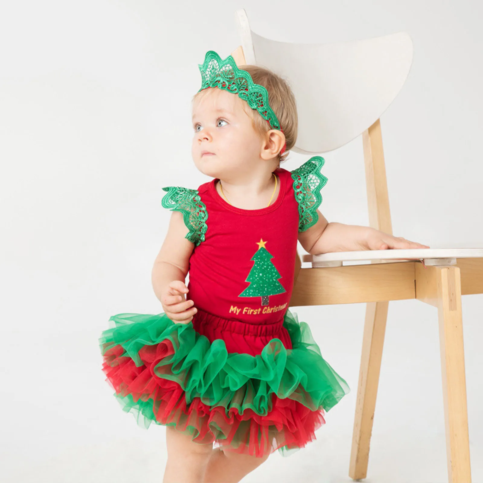 6 9 12 18Months Newborn Infant Girls Christmas Outfits Sets 3Pcs Letters Printed Flying Sleeve Romper+Tutu Skirt With Headband