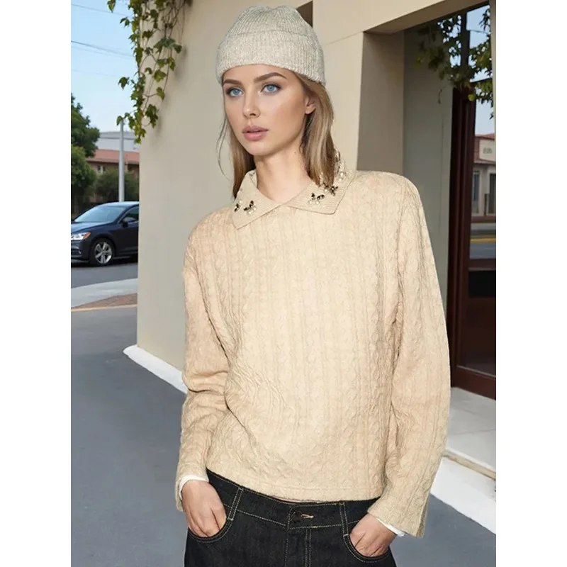 

Solid Pearl Embellished Lapel Kintted Women Casual Full Sleeve Slim Short Pullover Lady Daily Commute Street Pullovers