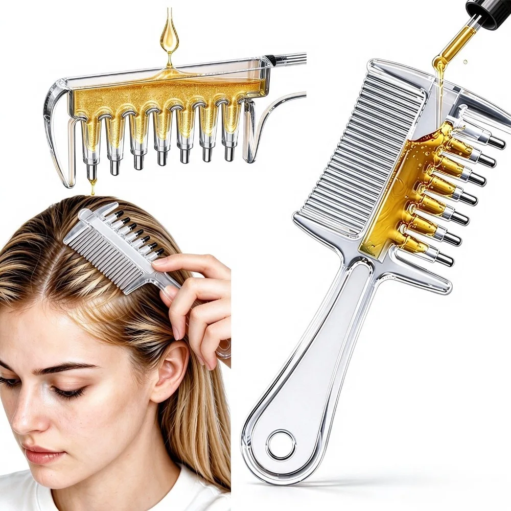 2 in 1 Scalp Oil Applicator Comb with 7 Rolling Massage Tips Multi-Function Liquid Dispensing Comb Anti-Frizz Hair Care Gift