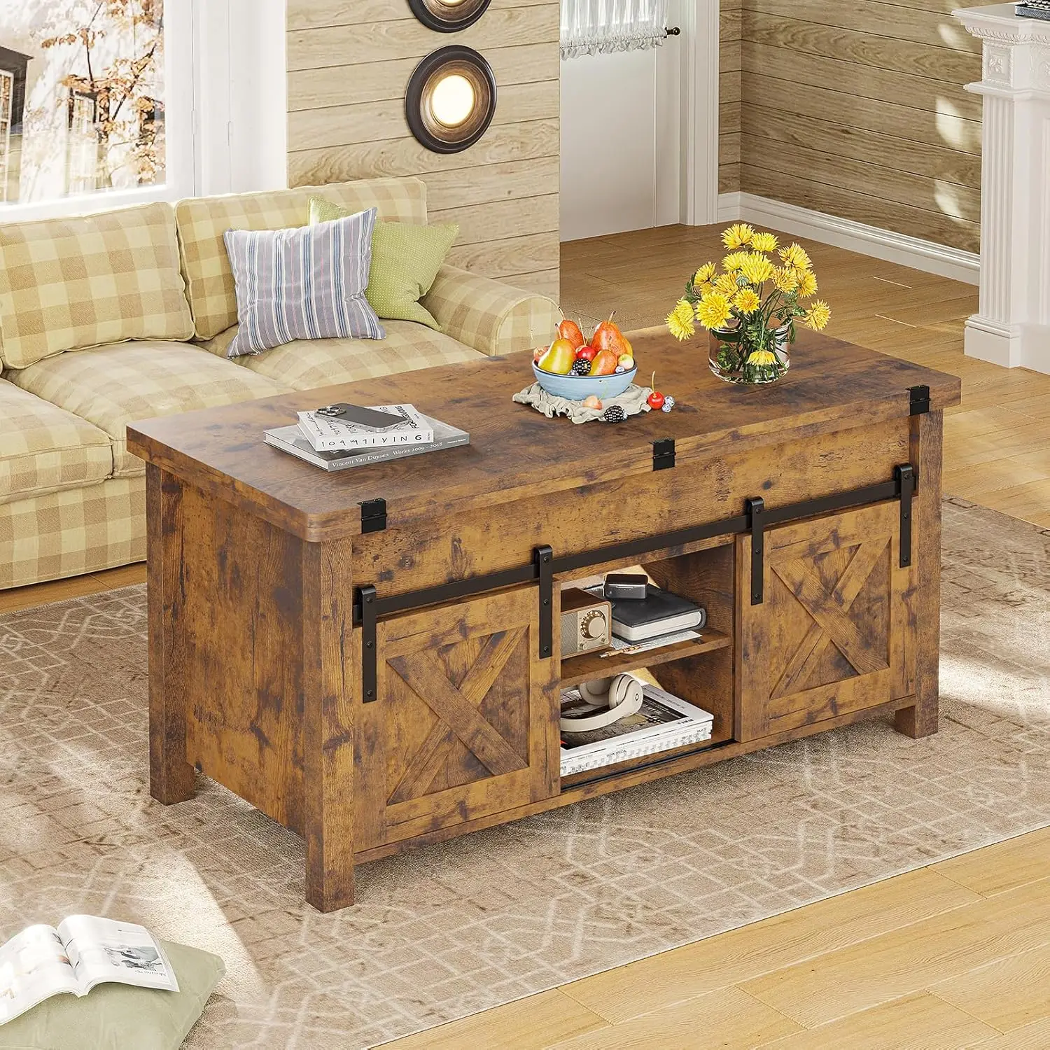 Table basse relevable avec compartiment de rangement pour salon, table basse convertible, marron rustique, 4 en 1