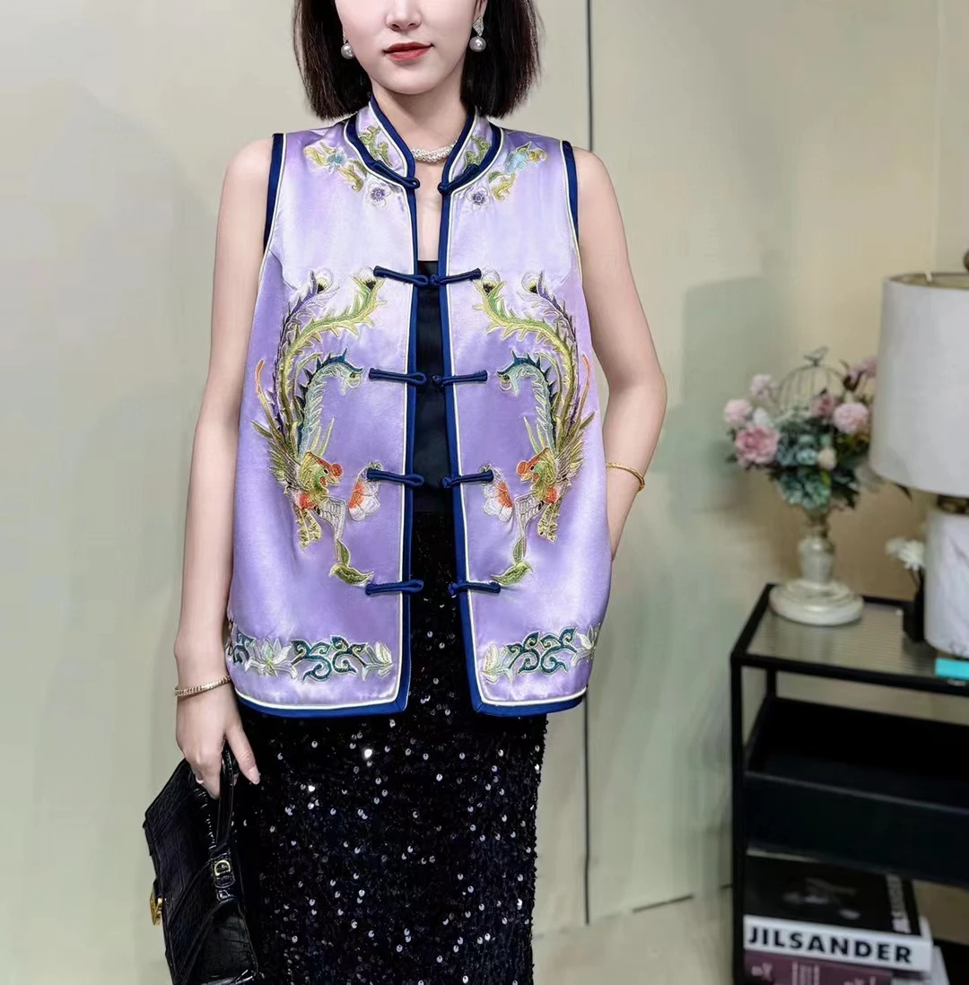 

2024 Spring New Vest Retro Small Standing Collar Palace Embroidered Phoenix Single breasted Sleeveless Coat for Women S-XL