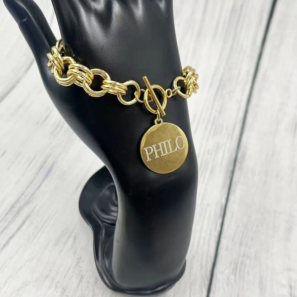 PHILO جولة الفولاذ المقاوم للصدأ رسالة قلادة الألومنيوم سلسلة OT مشبك سوار