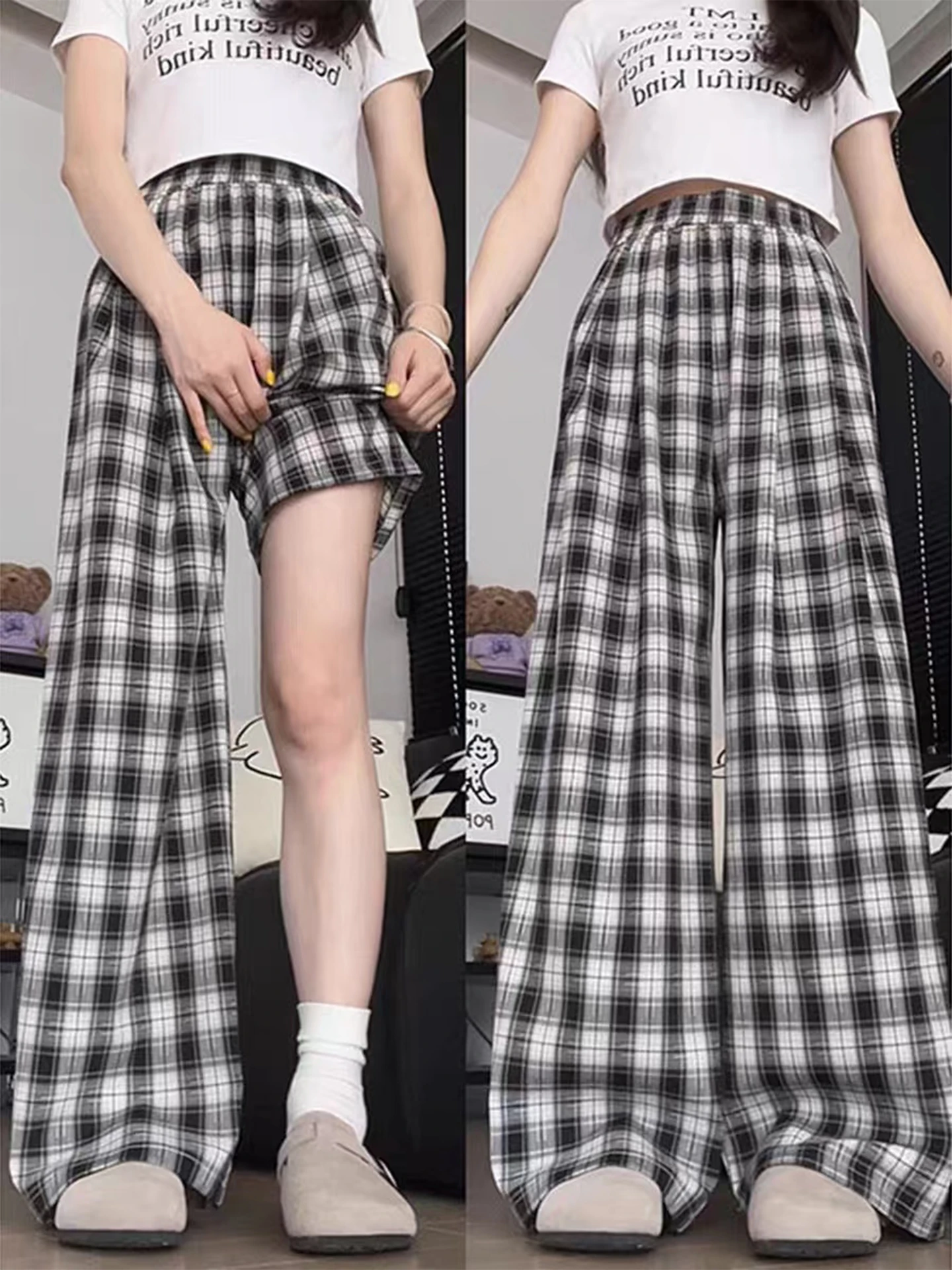 Black Plaid Wide Leg Pants Women Summer Ice Silk Loose Casual High Waist Elastic Waist Straight Tube Pants for plus Size