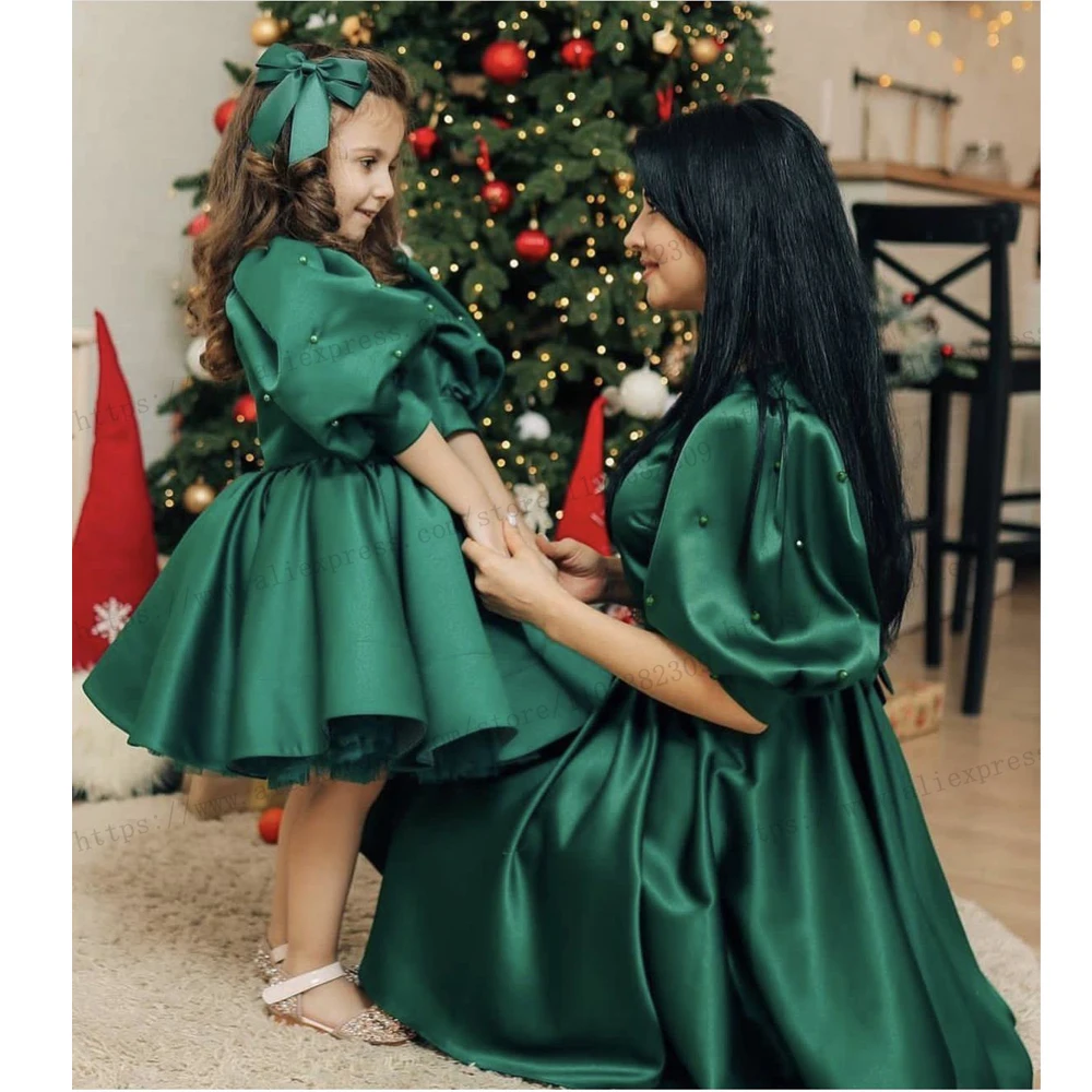 Dark Green Short Mum and Me Party Dress Satin Puffy Half Sleeve Scoop Birthday Dresses for Photoshoot 2024 New