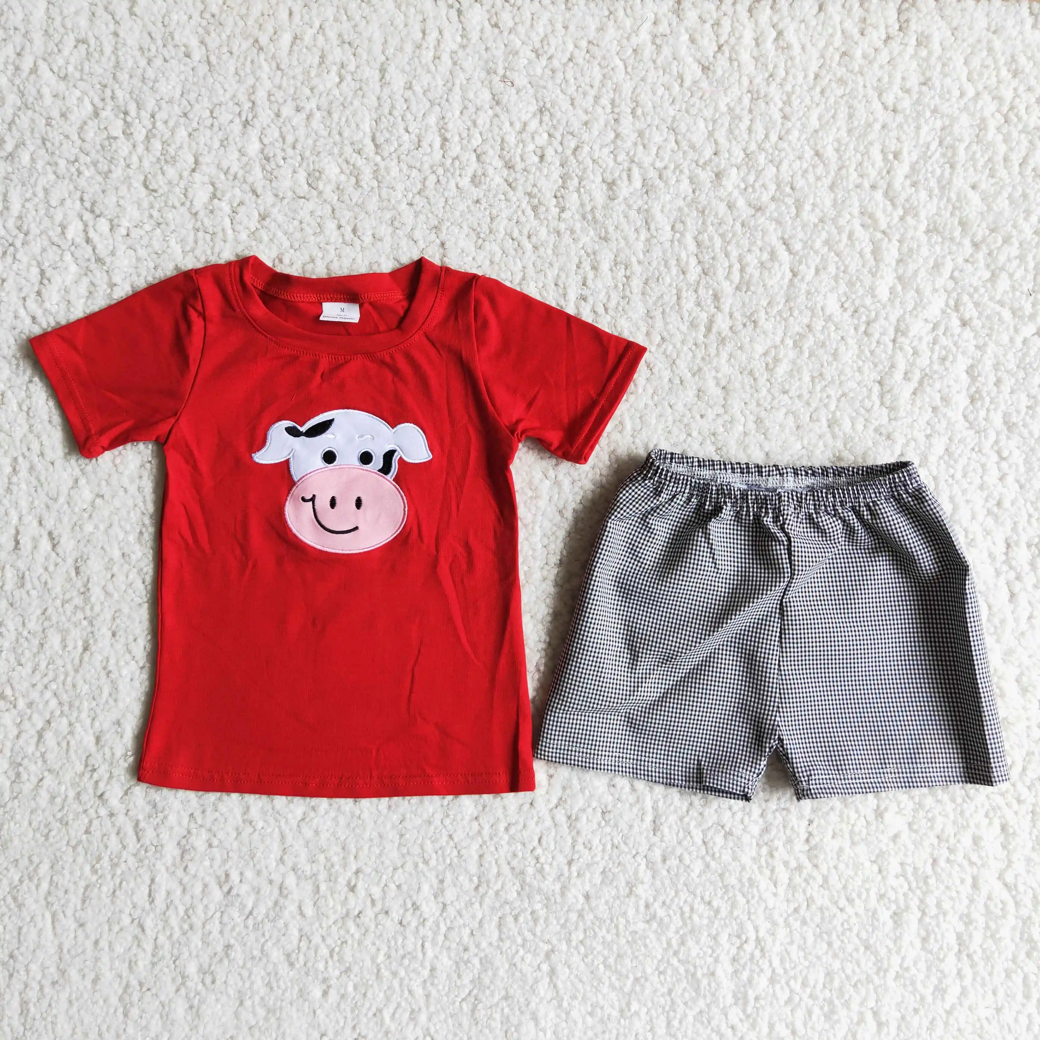 Wholesale Baby Boy Embroidery Clothing Short Sleeves Cotton T-shirt Plaid Shorts Children Kids Sets Outfit