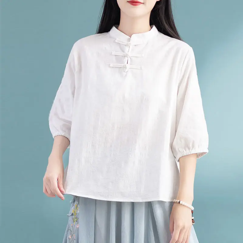 New 2025 Cotton Linen Loose Top Chinese Retro Casual Five-point Shirt