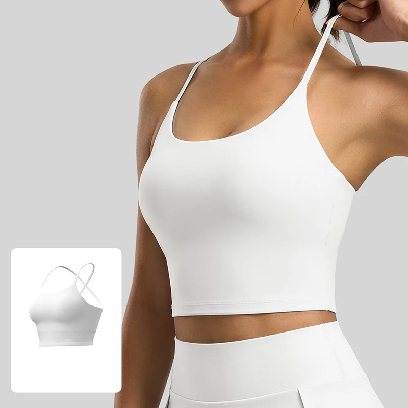 Soldes d'été : Soutien-gorge de sport sexy pour femme, dos croisé, confortable, antichoc, push-up, pour yoga, design froncé tendance, haut d'entraînement