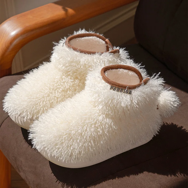 

Warm Faux Fur Slippers For Women Winter Home Floor Snow Boots Soft Plush Solid Color Anti-slip Female Indoor Daily Walking Shoes