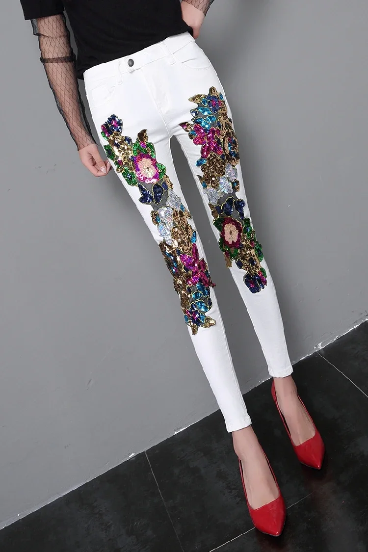 2024 Spring and Summer Women\'s Sequins White Denim Pants Slim All-match Basic Pencil Student Stretch Jeans Daily Street Trousers