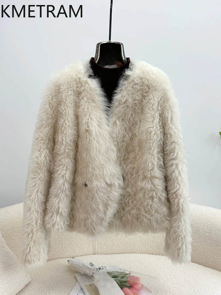 100% 천연 투스카니 양모 양가죽 양면 퍼 재킷 여성용 브이넥 숏 리얼 퍼 코트 여성 2025 겨울 의류 퍼