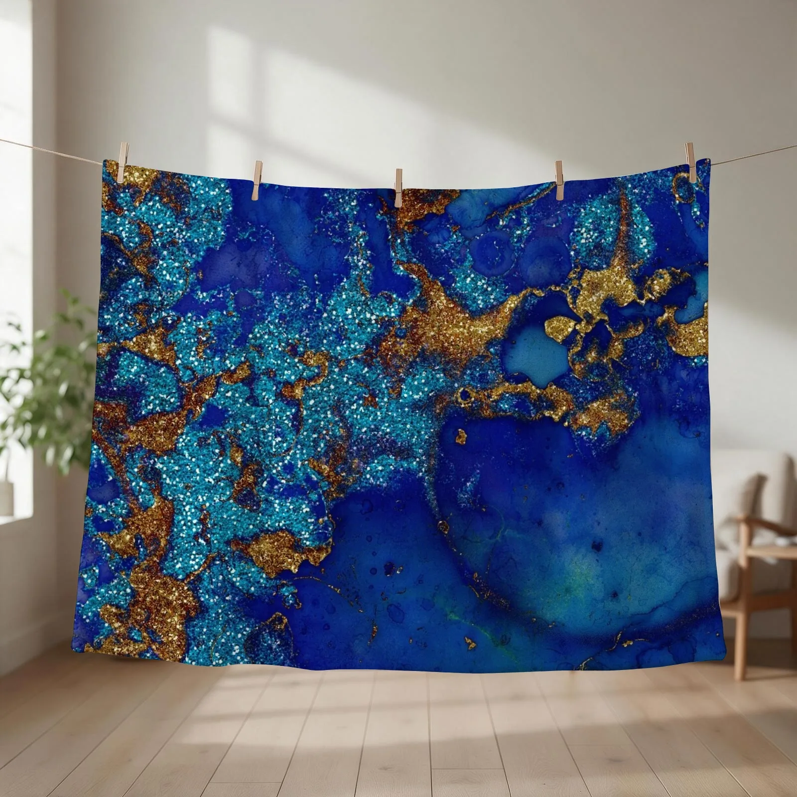 Gold Indigo Blue Faux Malachite Marble Throw Blanket couch cozy soft plush fuzzy picnic outdoor blanket